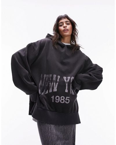 TOPSHOP Graphic New York Washed Oversized Hoodie - Black