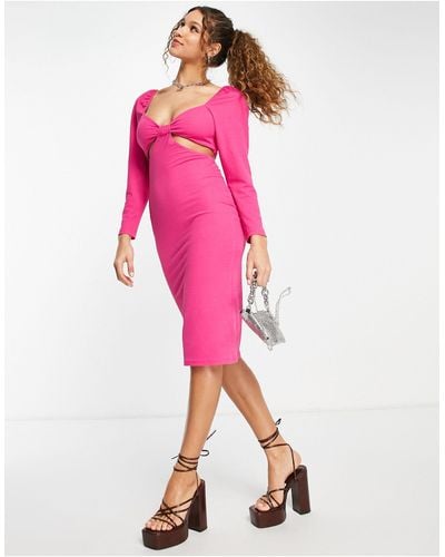 Flounce London Satin Long Sleeve Bodycon Midi Dress With Cut Out - Pink