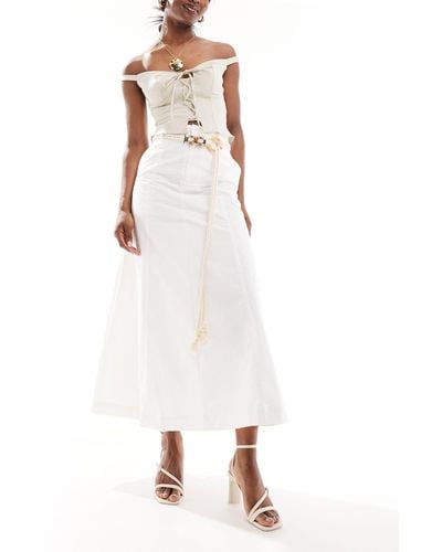 Urban Revivo A-line Linen Midaxi Skirt With Rope Belt Detail - White