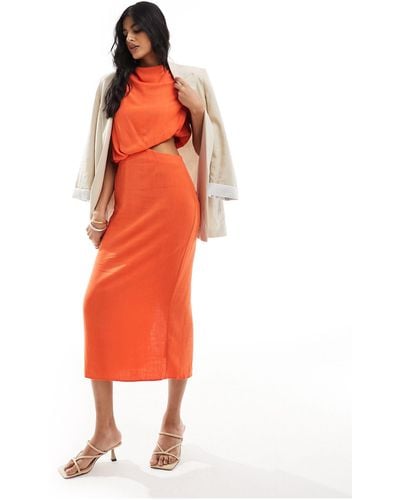ASOS Linen Look Sleeveless Midi Dress With Cut Out Waist Detail - Orange
