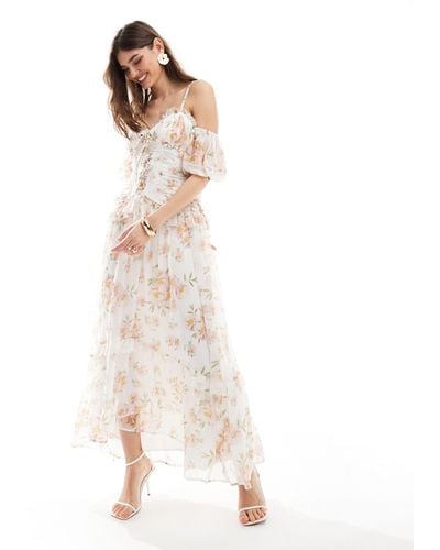 ASOS Lattice Bodice Bardot Sleeve Frill Midi Dress - White