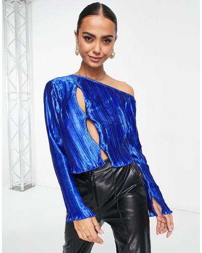 Lola May Satin Off Shoulder Cut Out Detail Top - Blue