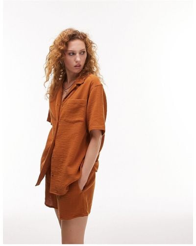 TOPSHOP Textured Cheesecloth Short Sleeve Shirt - Orange