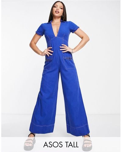 ASOS Tall Twill Collar Jumpsuit With Wide Leg - Blue