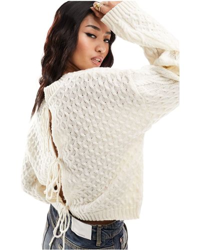 Miss Selfridge Off The Shoulder Bardot Wide Rib Knit Cozy Crop Sweater in cream-White