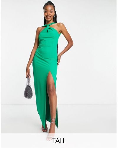 Vesper Twist Front Halterneck Maxi Dress With Thigh Split - Green