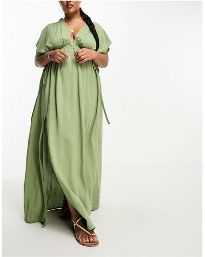 ASOS Asos Design Curve Flutter Sleeve Maxi Beach Dress With Tie Detail - Green