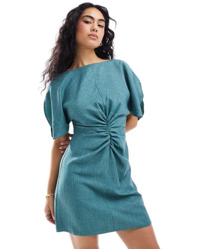 ASOS Linen-look Flutter Sleeve Mini Dress With Ruching Detail - Blue