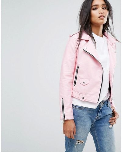 Mango Faux Leather Biker Jacket - Pink