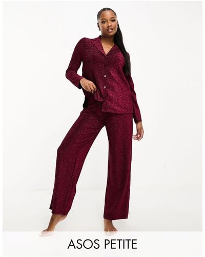 ASOS Asos Design Petite Glitter Shirt & Trouser Pajama Set - Red