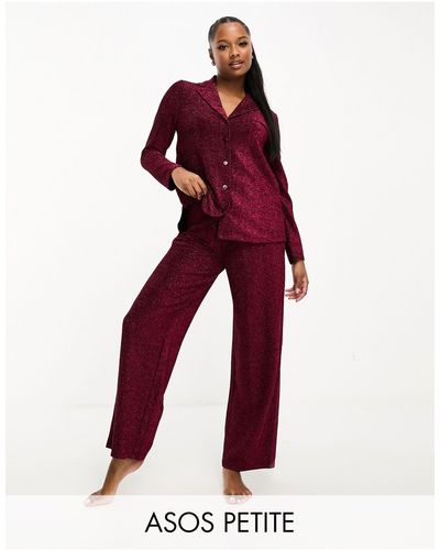 ASOS Asos Design Petite Glitter Shirt & Trouser Pyjama Set - Red