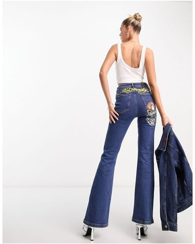 Ed Hardy Aansluitende Flared Jeans Met Logo Op - Blauw