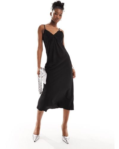Monki Strappy Maxi Slip Dress With Lace Detail - Black