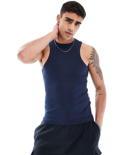 ASOS Muscle Fit Ribbed Racer Neck Tank Top - Blue