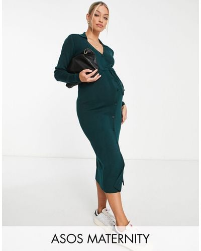 ASOS Asos Design Maternity Knitted Midi Dress With Open Collar And Tie Waist - Green