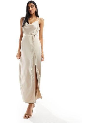 Vila Bridesmaid Cowl Neck Cami Dress With Tie Belt And Front Split - White