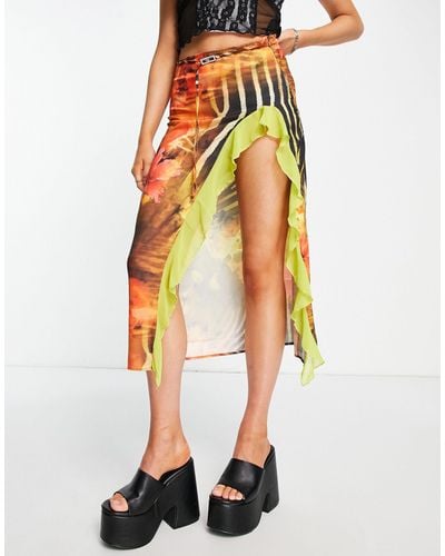 Jaded London Low Waist Midi Skirt With Frilly Split - Orange