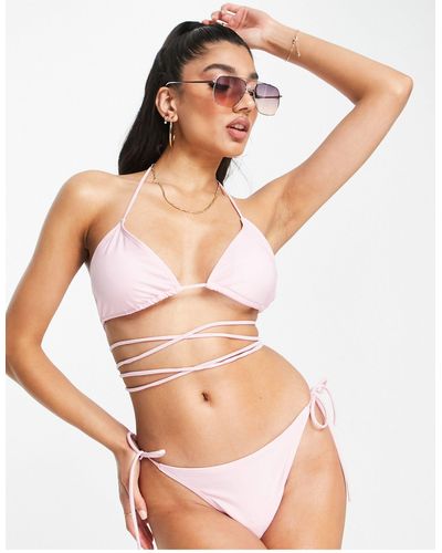 Brave Soul Triangle Bikini Top With Cross Strap Detail - Pink