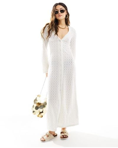 ASOS Button Front Flared Long Sleeve Maxi Dress - White