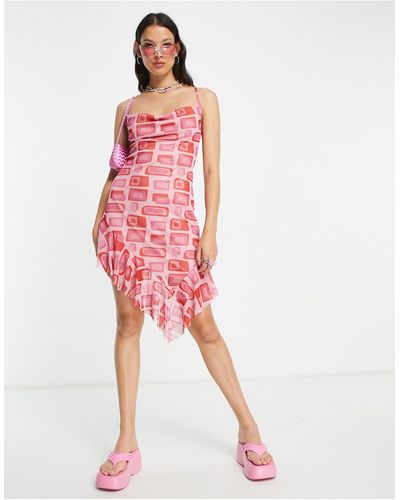 Another Reason Geo Print Cowl Neck Mesh Cami Dress - Pink