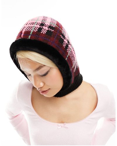 The Ragged Priest Checked Balaclava With Faux Fur Trim Detail - Pink