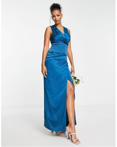 Liquorish Satin Wrap Front Maxi Dress - Blue
