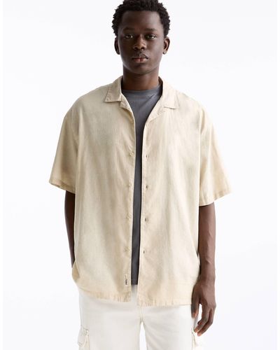 Pull&Bear Linen Look Revere Neck Shirt - Natural