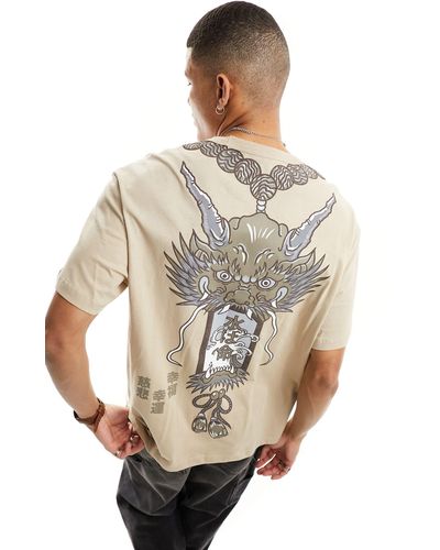 Bershka Boxy Japanese Dragon Back Printed T-shirt - Natural