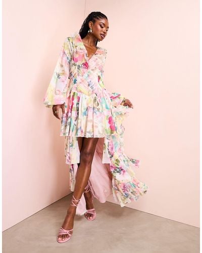 ASOS Organza Ruffle High Low Maxi Dress - Pink