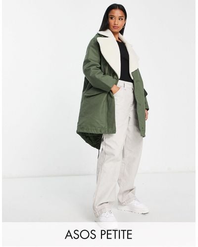 ASOS Asos Design Petite Quilt Lined Parka Coat With Sherpa Collar - Green