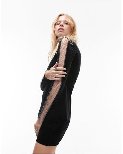 TOPSHOP Long Sleeve Velvet Mini Dress With Metallic Chain Trim - Black