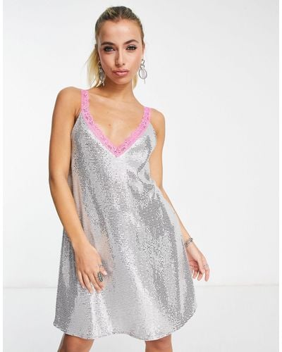 Flounce London Mini Metallic Sparkle Cami Dress With Contrasting Lace Trim-silver - White