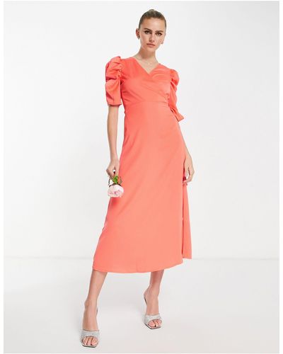 Y.A.S Bridesmaid Puff Sleeve Wrap Front Midi Dress - Orange
