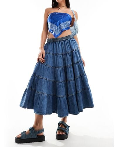 Free People Tiered Chambray Midi Skirt - Blue