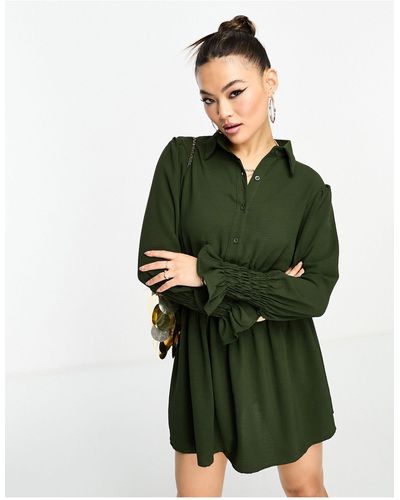 AX Paris Vestito camicia corto oliva con vita arricciata - Verde