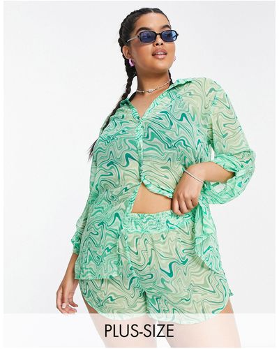 Brave Soul Plus – strand-set aus hemd und shorts mit em wirbelmuster - Grün