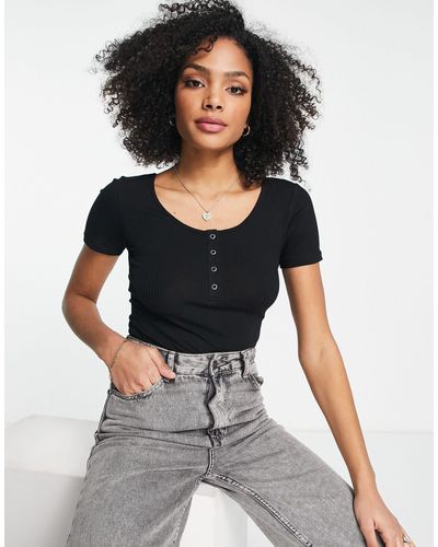 Pieces Popper Front Ribbed Top - Black