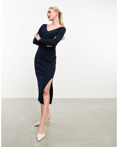 French Connection Ribbed Front Crossover Midi Detail Dress - Blue