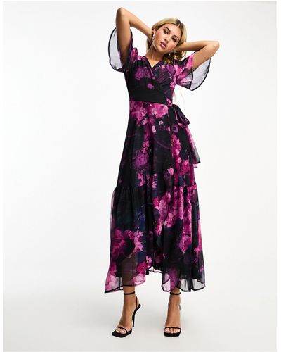 Hope & Ivy Wrap Maxi Dress With Flutter Sleeves - Purple