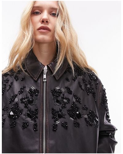 TOPSHOP Real Leather Washed Bomber Jacket With Embellishment - Black