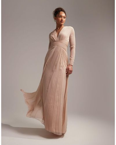 ASOS Bridesmaid Ruched Waist Maxi Dress With Long Sleeves And Pleat Skirt - Pink