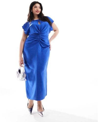ASOS Asos Design Curve Cap Sleeve Keyhole Ruched Front Midi Dress - Blue