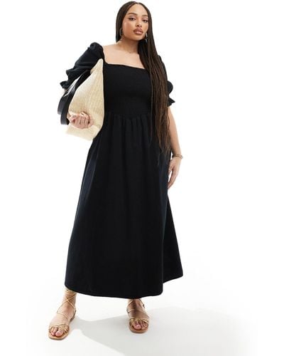 ASOS Asos Design Curve Soft Denim Maxi Dress With Puff Sleeves - Black