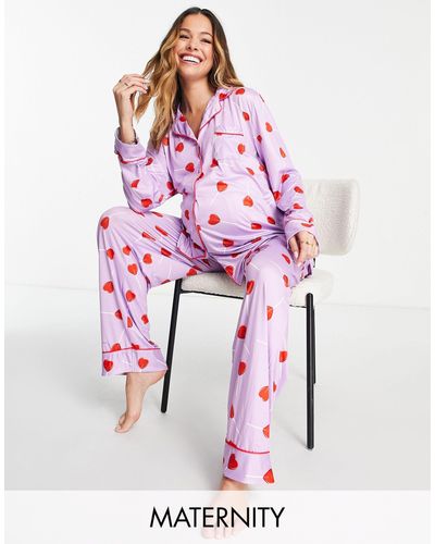 Loungeable Maternity - Pyjamaset Met Knoopsluiting En Hartjeslolly-print - Rood
