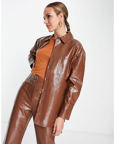 4th & Reckless Oversized Leather Look Embossed Shirt Co-ord - Brown