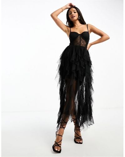 Miss Selfridge Bandeau Lace Detail Frill Maxi Dress With Detachable Straps - Black