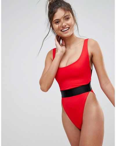 ASOS Recycled Fuller Bust High Leg Elastic Waist Swimsuit Dd-g - Red