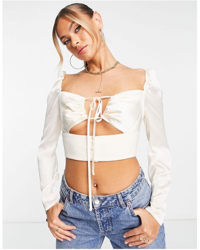 ASOS Long Sleeve Ruched Front Crop Top With Keyhole - White