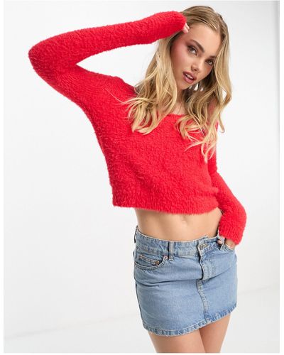 Monki Fluffy Knit Cropped Long Sleeve Top - Red