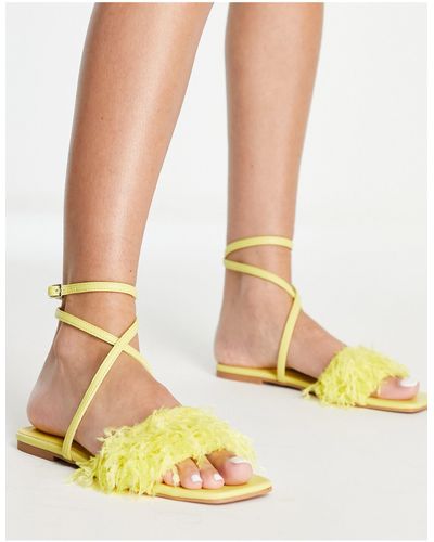 ASOS Four Faux Feather Flat Sandals - Yellow